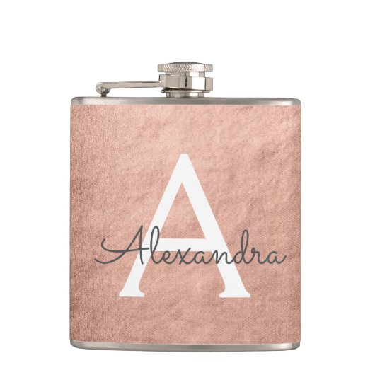 Roze - Roos Goud Metallic Folie Monogram Initiaal Heupfles (Voorkant)