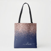Roze Roos Goud Navy Blauwe Glitter Monogram Tote Bag (Voorkant)