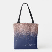 Roze Roos Goud Navy Blauwe Glitter Monogram Tote Bag (Achterkant)