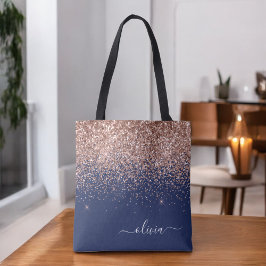 Roze Roos Goud Navy Blauwe Glitter Monogram Tote Bag