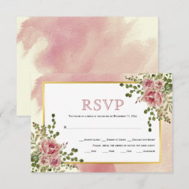 Roze roos goudbruine lijst boho bruiloft RSVP kaartje