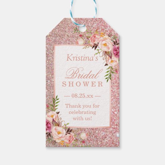 Roze Roos Gouden Glitter Bloemige Bruiloft Feest F Cadeaulabel (Voorkant)