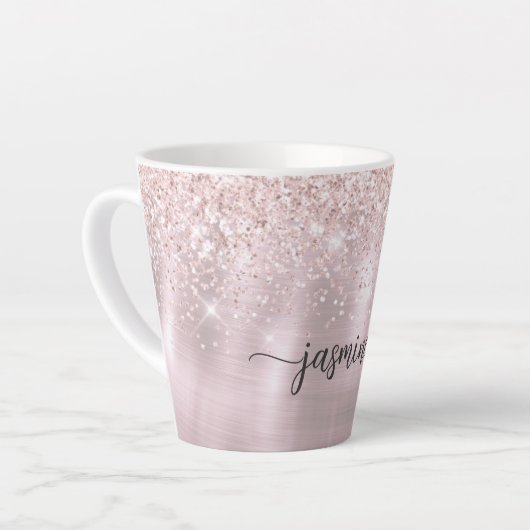 Roze Roos Gouden Glitter Metaal Monogram Girlige B Latte Mok (Linkerhoek)