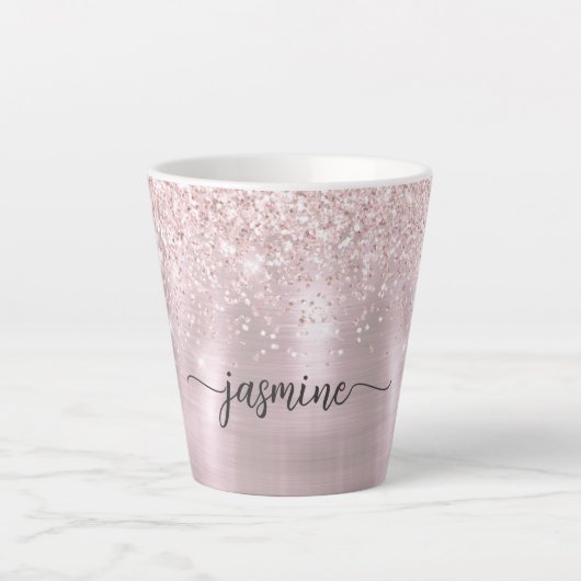 Roze Roos Gouden Glitter Metaal Monogram Girlige B Latte Mok (Voorkant)