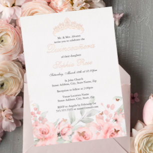 Roze Roos Gouden Tiara Quinceanera Folie Uitnodiging