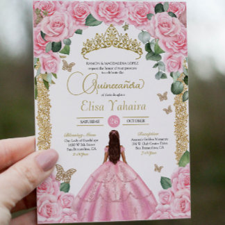 Roze Roos & Gouden Vlinder Quinceanera Kaart