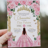 Roze Roos & Gouden Vlinder Quinceanera Kaart