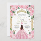 Roze Roos & Gouden Vlinder Quinceanera Kaart (Voorkant)
