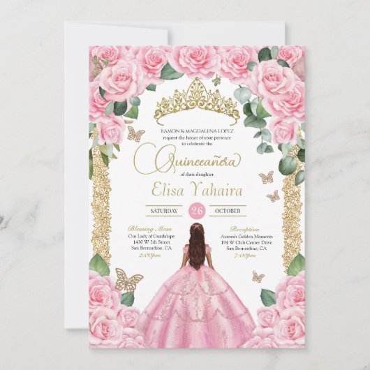 Roze Roos & Gouden Vlinder Quinceanera Kaart (Voorkant)