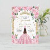 Roze Roos & Gouden Vlinder Quinceanera Kaart (Staand voorkant)