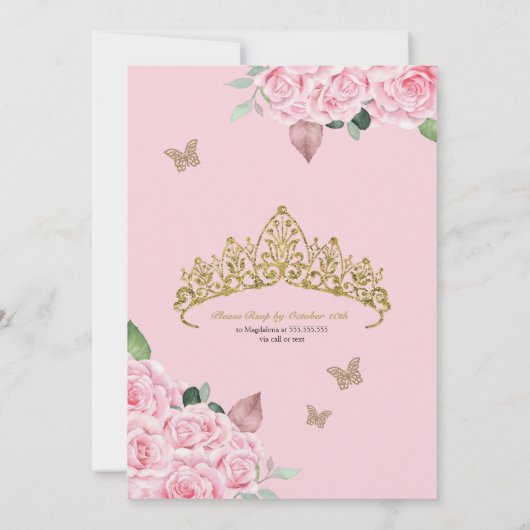 Roze Roos & Gouden Vlinder Quinceanera Kaart (Achterkant)