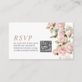 Roze Roos & groen bladeren bruiloft QR-code RSVP Informatiekaartje (Voorkant)
