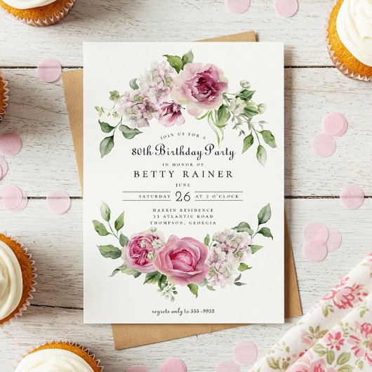 Roze Roos Groen Bloemenboog 80ste Verjaardagsfeest Kaart