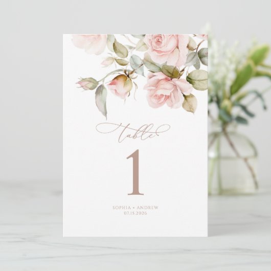 Roze Roos & Groen Bruiloft Tafelnummers (Staand voorkant)