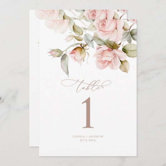 Roze Roos & Groen Bruiloft Tafelnummers (Voorkant / Achterkant)