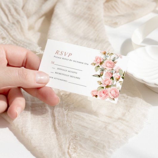 Roze Roos & Groene Bladeren Trouw RSVP Kaart