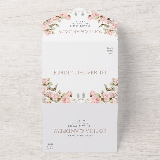 Roze Roos & Groenery Trouw Alles In Eén Uitnodigin All In One Uitnodiging (Buitenkant)