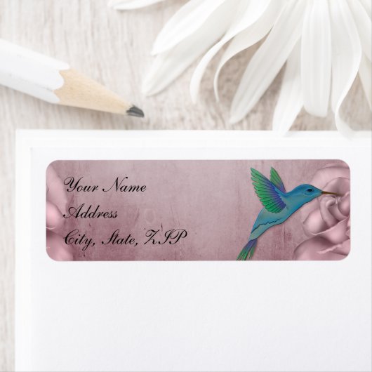 Roze Roos Hummingbird Bruiloft Labels (Insitu)