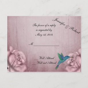 Roze Roos Hummingbird Bruiloft RSVP Uitnodiging Briefkaart
