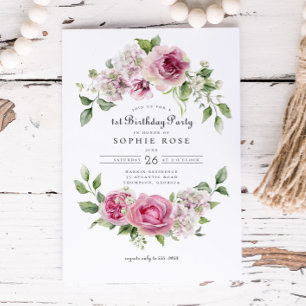 Roze Roos Hydrangea Bloemenboog 1e Verjaardagsfees Kaart