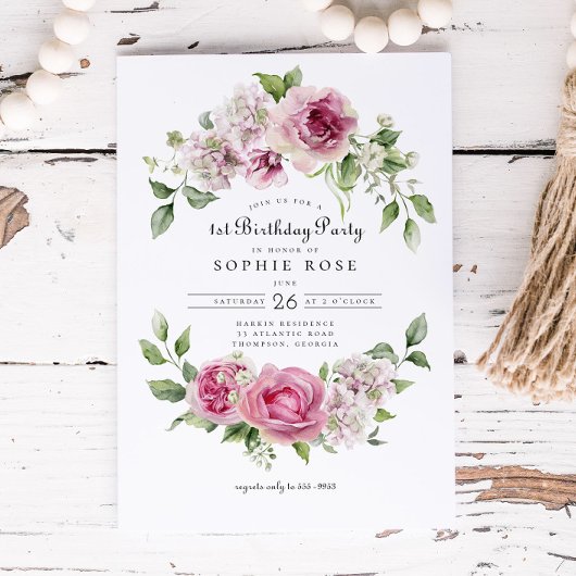Roze Roos Hydrangea Bloemenboog 1e Verjaardagsfees Kaart