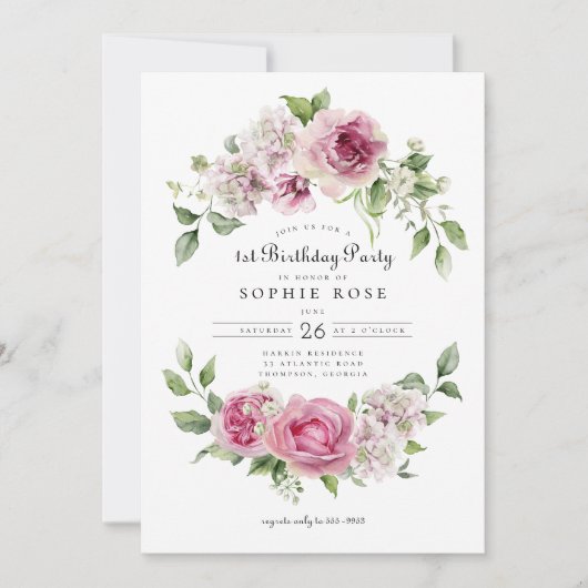 Roze Roos Hydrangea Bloemenboog 1e Verjaardagsfees Kaart (Voorkant)