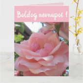 Roze roos in de tuin - Hongaarse naamdag Kaart (Gele Bloem)