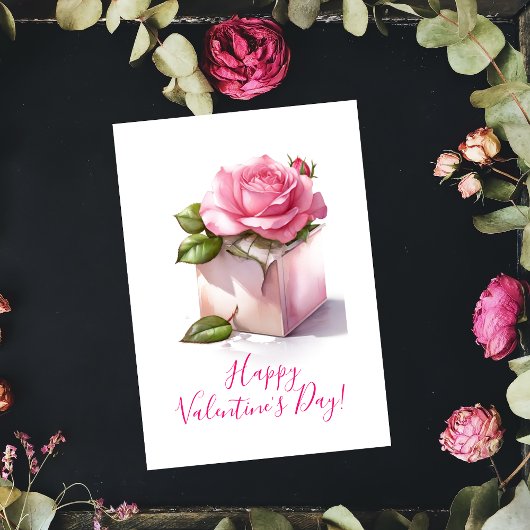 Roze roos in een doos Valentijnsdag kaart Notitiekaartje