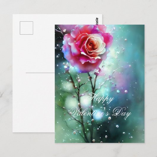 Roze roos in regenachtige valentijn briefkaart (Voorkant / Achterkant)