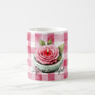 Roze Roos Kaars Geruit Koffiemok
