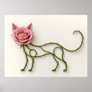 Roze Roos Kat met Doornige Wijnstok Botanische Pos Poster
