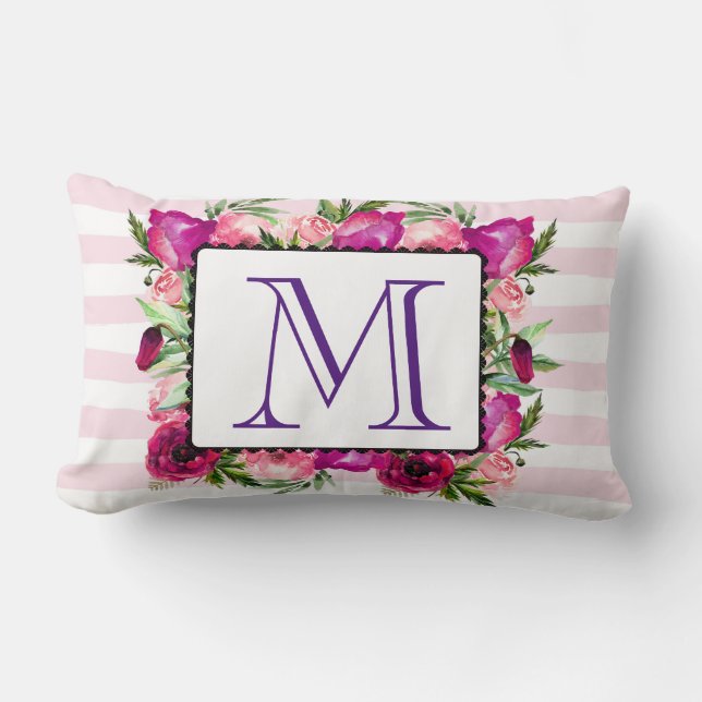 Roze Roos & Klaproos Bloemboeket Monogram Kussen (Voorkant)