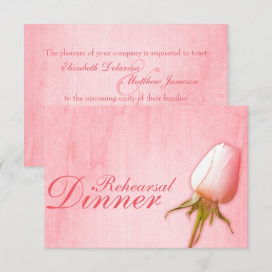 Roze roos knop bruiloft repetitie diner uitnodigin kaart (Voorkant / Achterkant)