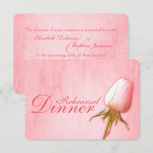 Roze roos knop bruiloft repetitie diner uitnodigin kaart (Voorkant / Achterkant)