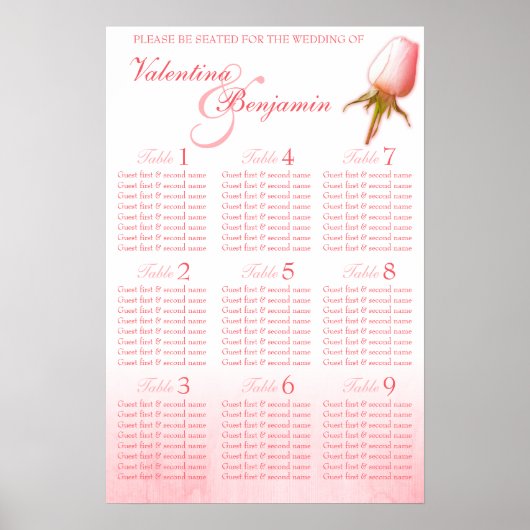 Roze Roos Knop Bruiloft Zitplaatsen Tafel Planner Poster (Voorkant)