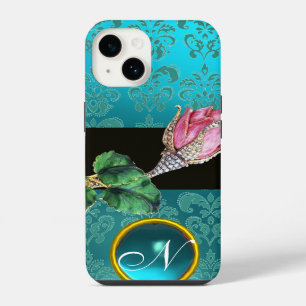ROZE ROOS KNOP SIERADEN, BLAUW TEAL DAMAST EDELSTE iPhone 14 HOESJE