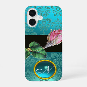 ROZE ROOS KNOP SIERADEN, BLAUWE TEAL DAMAST EDELST iPhone 16 HOESJE