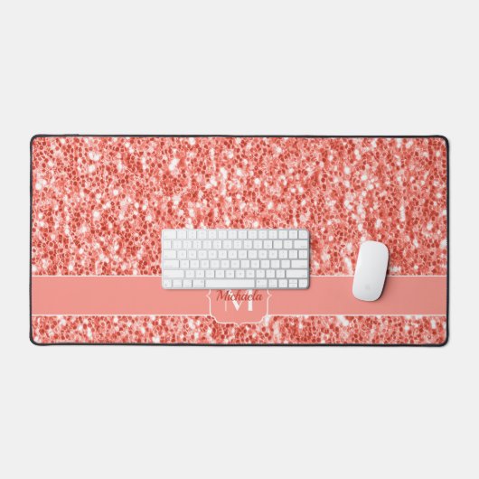Roze roos koraal glanzend glitter fonkelt Monogram Bureaumat (Keyboard & Muis)