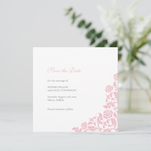 -roze Roos Lace Square Weddenschap Save The Date (Staand voorkant)