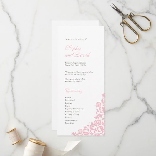 -roze Roos Lace Wedding Programmakaart (Voorkant / Achterkant in situ)