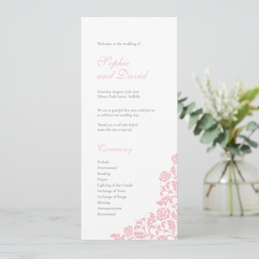 -roze Roos Lace Wedding Programmakaart (Staand voorkant)