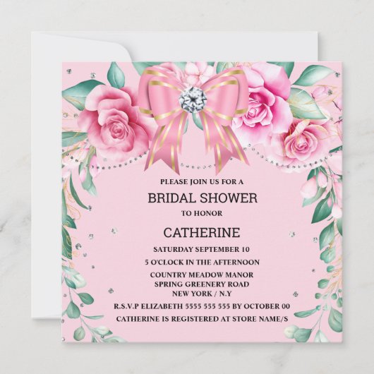 Roze roos landelijk chic satijnen strik glitters g kaart (Voorkant)