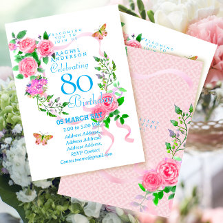 Roze Roos Lint 80ste Verjaardagsuitnodiging Kaart