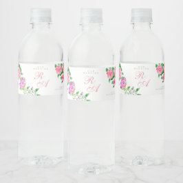 Roze Roos Lint Monogram Trouwdag Waterfles Etiket