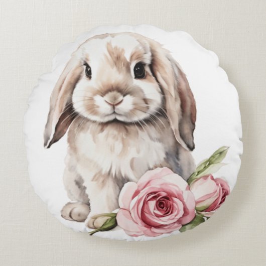 Roze roos Lop Eared Bunny Rabbit Rond Kussen (Voorkant)