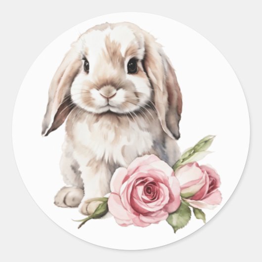 Roze roos Lop Eared Bunny Rabbit Ronde Sticker (Voorkant)