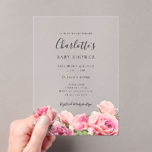 Roze Roos Meisje Baby Shower Acryl Uitnodigingen