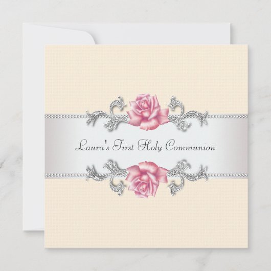 Roze roos meisjes eerste communie kaart (Voorkant)