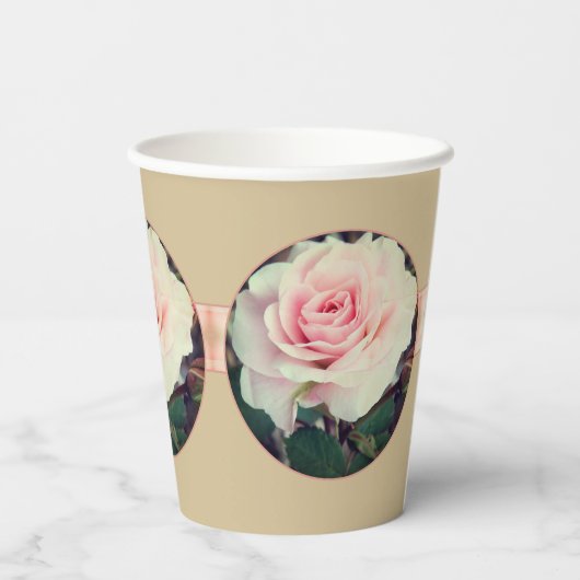 Roze roos met beige papieren bekers (Achterkant)