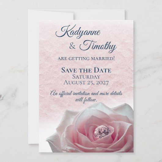 Roze Roos met Diamanten Bruiloft Save The Date (Voorkant)